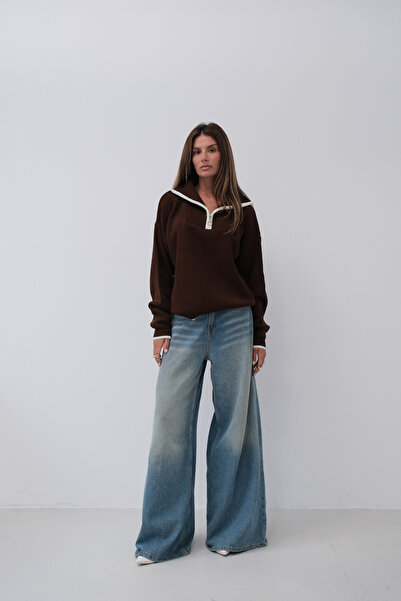 Black Fashion طوق سستة التفاصيل البني سترة كبيرة الحجم