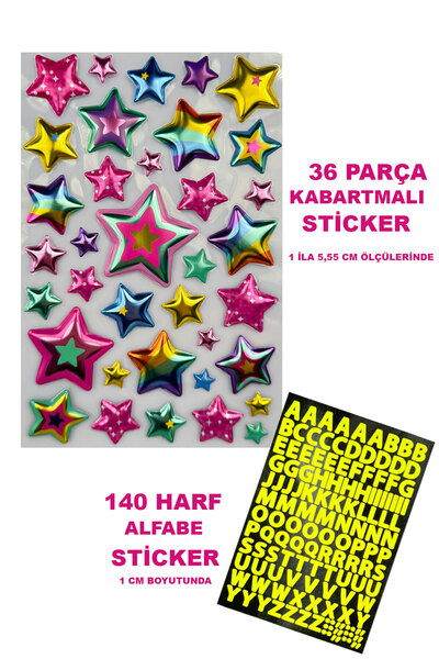 Genel Markalar 3D Yıldızlar 36 Parça Sticker Seti ve 140 Harf Çıkartma Seti