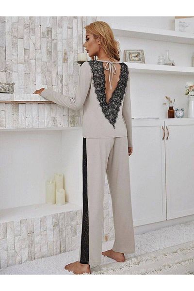 AURA Viscon Women's Pajama Set - Backless Lace, Dove