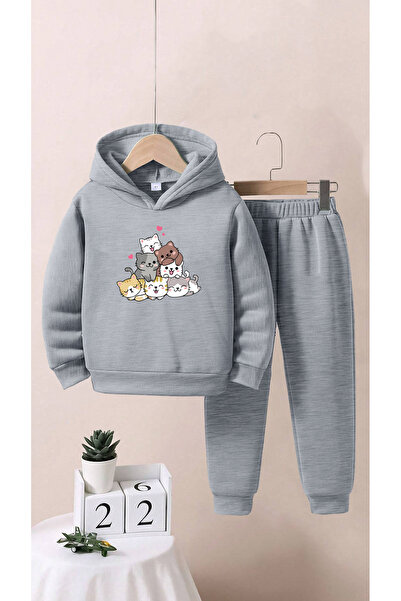 LAPS Kids Cats Printed Top and Bottom Tracksuit Set