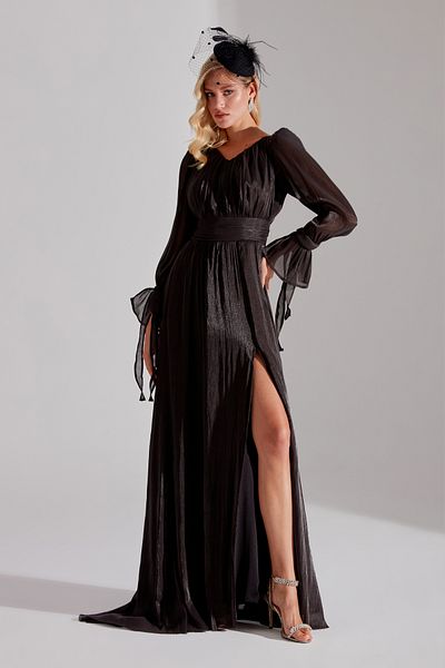 BETTY & SAM ANIKA - Black V-Neck Slit Evening Dress