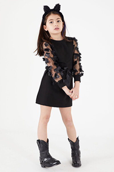 Cansın Mini Kolları Tüllü Kuşaklı Kız Tunik Elbise 15037