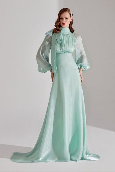 BETTY & SAM Water Green Ribbon Collar Flared Dress - ELIZABETH