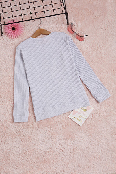 Cansın Mini Gray Frilly Front Ribbed Long Sleeve Sweatshirt