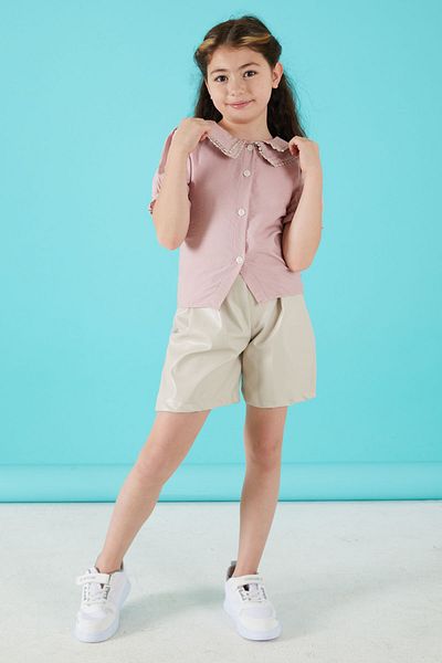 Cansın Mini Pink Lace Embroidered Leather Shorts and Blouse Girls Suit 15519