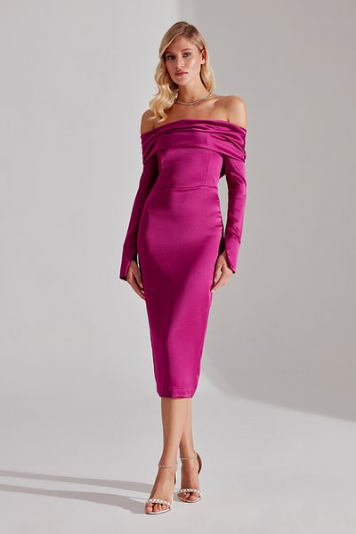 BETTY & SAM Nancy Fuchsia Off-shoulder Pencil Skirt Dress