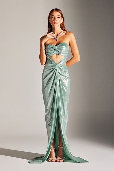 BETTY & SAM FLAVIA sparkling body-fitting DRAPED WATER GREEN evening dress