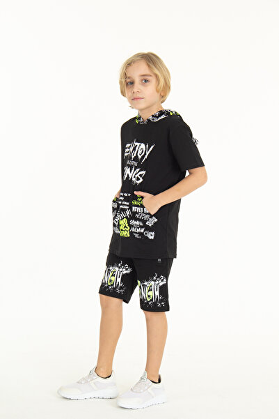 Cansın Mini Boy's Enjoy Printed Hooded Shorts Set 14048