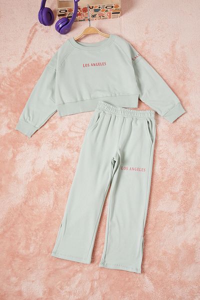 Cansın Mini Green Los Angeles Back Printed Slit Girl's Tracksuit 16711
