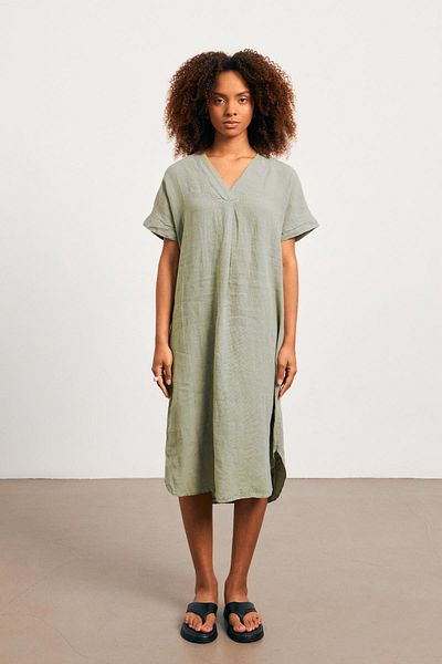 YOUR NAME Linen Oversize V-Neck Khaki Long Dress