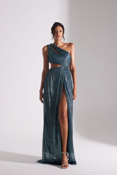 BETTY & SAM Adriana Glitzerndes blaues One-Shoulder-Kleid