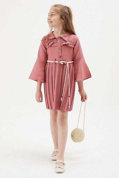 Cansın Mini Rochie plisată pentru fetiță, roz închis, cu dantelă, cu geantă 15171