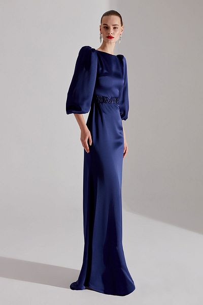 BETTY & SAM Komet DARK BLUE Balloon Sleeve Long Train Evening Dress