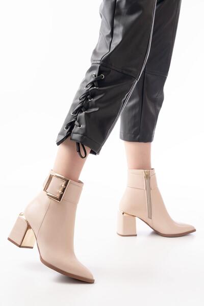 Aymood Dnz-400 Beige Buckle Accessory Heeled Zippered Daily Women's Boots