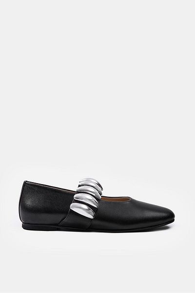 NILUFARR Merry Black Genuine Leather Women's Ballerinas with Silver Accessories
