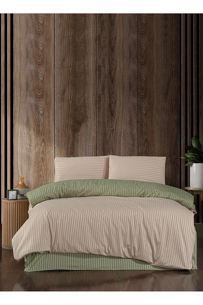 Firuze Satin Green & Beige Double Duvet Cover Set - Line Pattern & Soft Duvet Cover Set