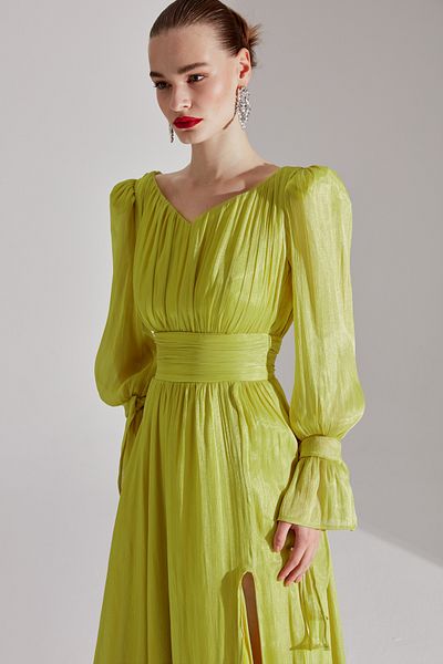 BETTY & SAM ANIKA - Pistachio Green V-Neck Slit Evening Dress
