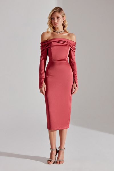 BETTY & SAM Nancy VENUINE RED Off Shoulder Pencil Skirt Dress