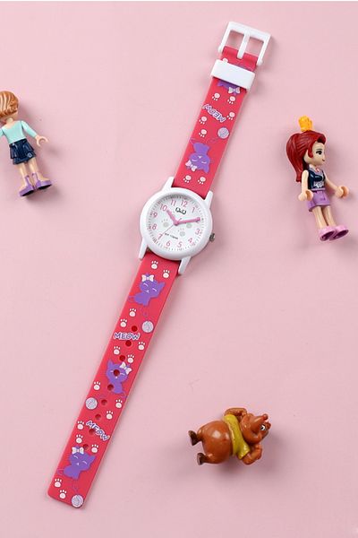 Q&Q Pink Colored Children's Wristwatch with Cat Pattern