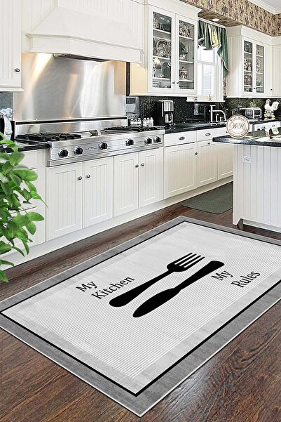 West Home Makinede Yıkanabilir Kaymaz Taban Leke Tutmaz Gri Mutfak Halısı Mut...