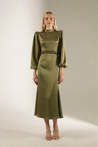BETTY & SAM Šaty s balonovým rukávem Berthe Magnificent Collar Khaki