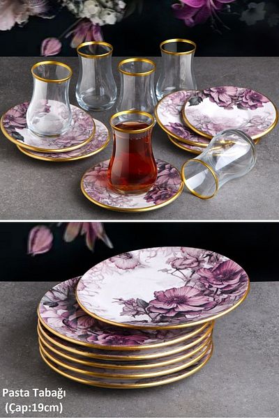 Pinkev Petunia 18 Piece Ceramic Cake Plate Set with Tea Cup - Kup119P