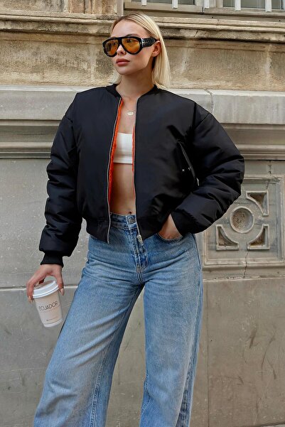 Swist Black Draped Sleeve Detail Double Pocket Orange Lined Women's Crop Puffer Jacket