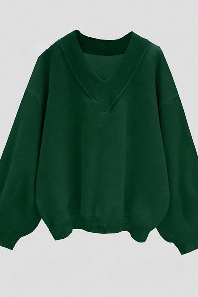 Know Damen-Sweatshirt mit 3 Fäden, grün, einfarbig, V-Ausschnitt, Oversize