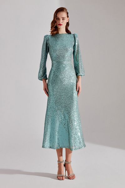 BETTY & SAM NICOLE Water Green Sequined Balloon Sleeve Midi Dress