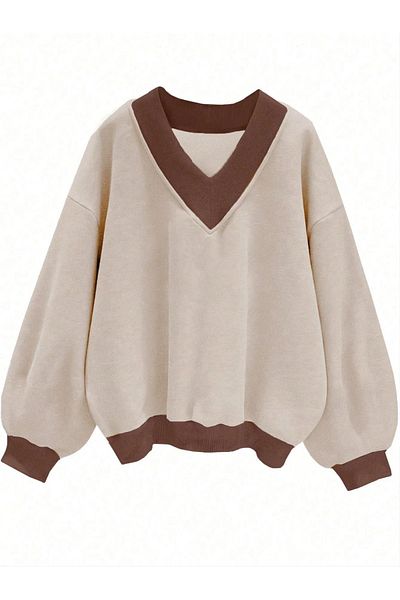 Know Beigefarbenes, einfarbiges Damen-Sweatshirt mit V-Ausschnitt und 3 Fäden