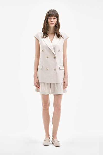 W Collection Beige Swallow Collar Buttoned Linen Viscosa Jacket