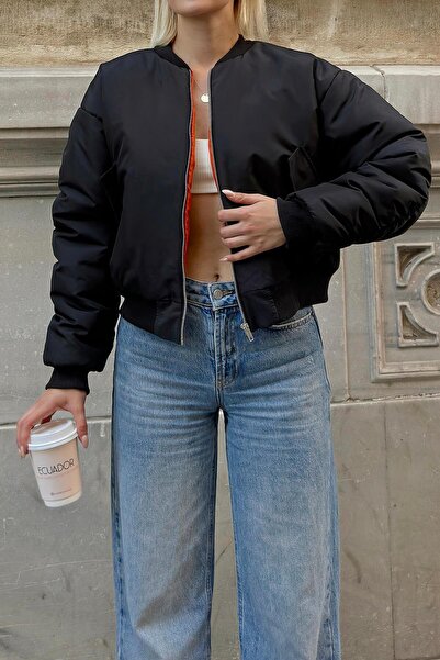 Swist Black Draped Sleeve Detail Double Pocket Orange Lined Women's Crop Puffer Jacket