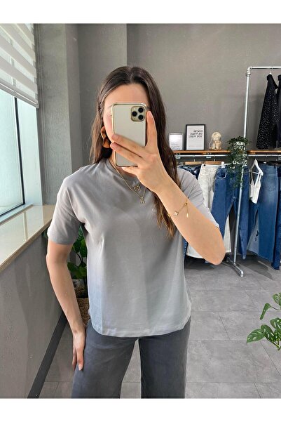 YOUR NAME Siva Oversize kroj okrugla kragna Žene T-shirt