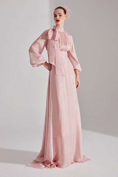 BETTY & SAM ELIZABETH Powder - Ribbon Collar Flared Dress