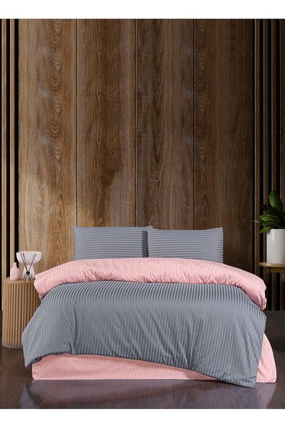 Firuze Satin Gray & Powder Double Duvet Cover Set - Line Pattern & Shiny Duvet Cover Set