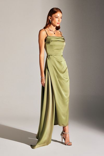 BETTY & SAM Violettes KHAKI-Trägerkleid mit Drapierung