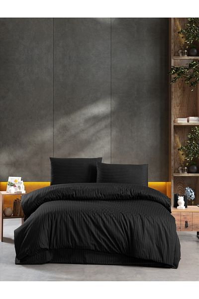 Firuze Satin Double Duvet Cover Set Solid Color Line Pattern High-End Soft and Bright