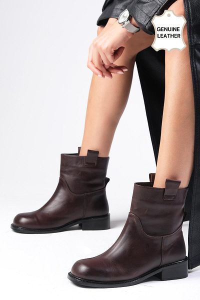 Mio Gusto Rio Genuine Leather Brown Blunt Toe Women's Biker Boots