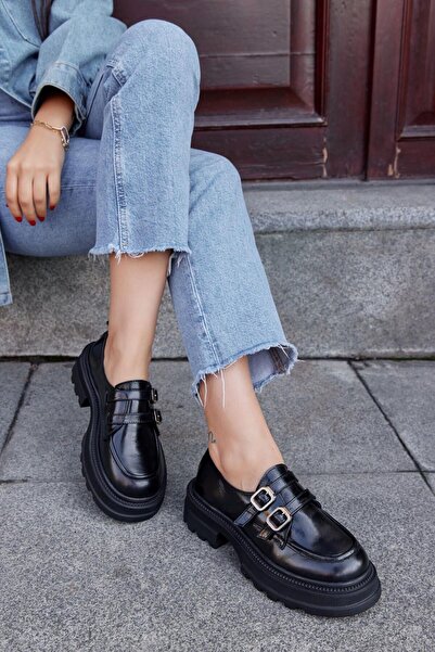 NILUFARR Belly Siyah Rugan Hakiki Deri Kalın Tabanlı Kadın Loafer