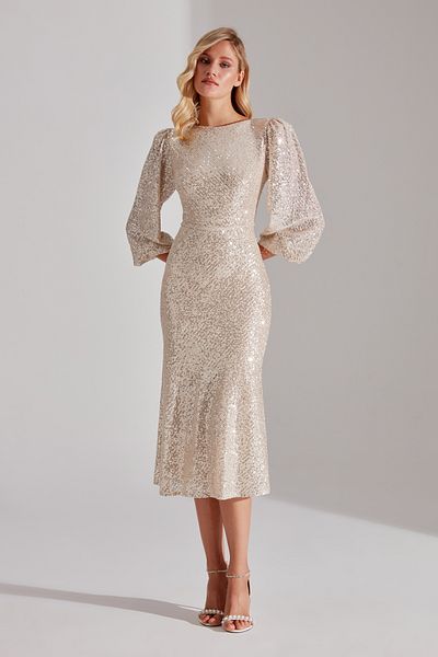 BETTY & SAM Rochie midi DORE cu mâneci cu balon NICOLE strălucitoare