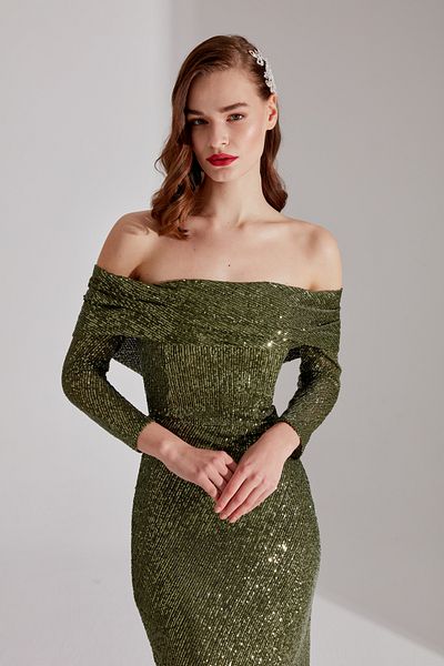 BETTY & SAM NATALIA Khaki Sequined Off-Shoulder Evening Dress - Pencil Skirt