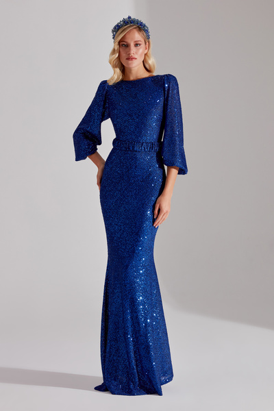 BETTY & SAM GRACE Işıltılı Payetli ÇİVİT MAVİSİ Balon Kol Maxi Boy Gece Elbisesi