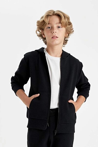 DeFacto Model T7468 - Cardigan de școală cu glugă neagră și fermoar