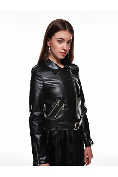 Quzu Black Leather Biker Jacket