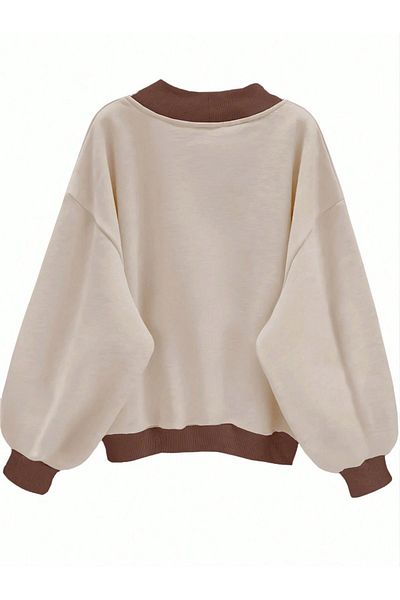 Know Beigefarbenes, einfarbiges Damen-Sweatshirt mit V-Ausschnitt und 3 Fäden