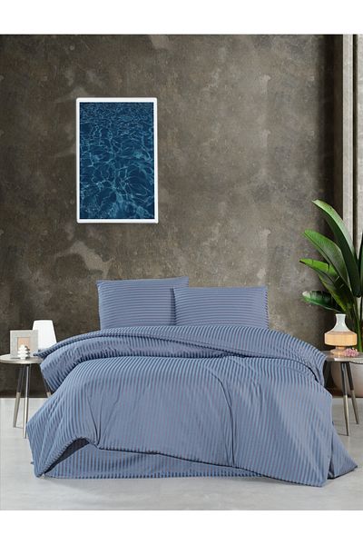 Firuze Satin Indigo Blue & Striped Pattern Double Duvet Cover Set - Soft & Shiny Fabric