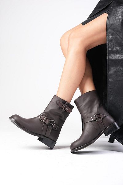 Mio Gusto Lola Genuine Leather Brown Women's Heelless Biker Boots