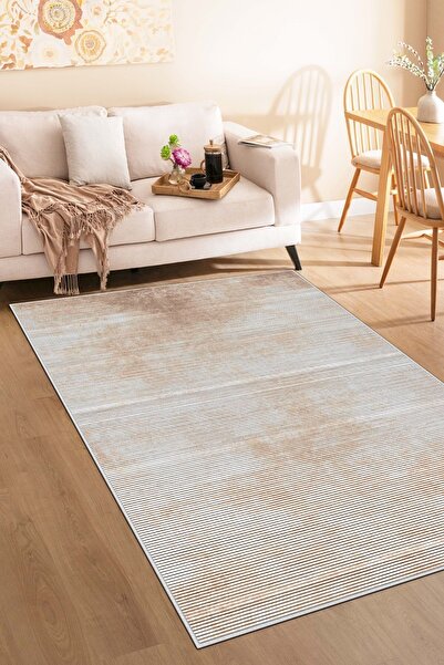 West Home Makinede Yıkanabilir Kaymaz Taban Leke Tutmaz Bej Salon Halısı Mutf...