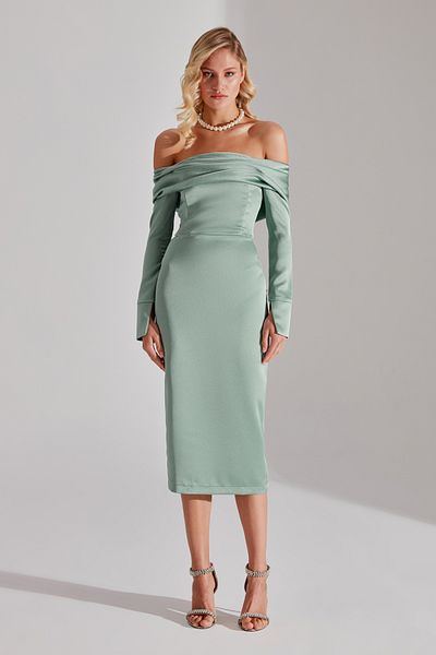 BETTY & SAM Nancy WATER GREEN Off-shoulder Pencil Skirt Dress