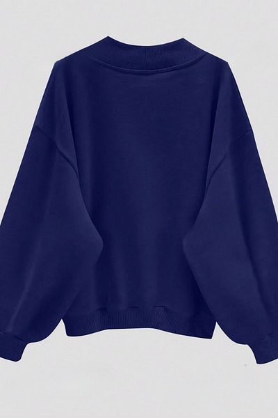 Know Marineblaues, einfarbiges Damen-Sweatshirt mit V-Ausschnitt und 3 Fäden in Übergröße